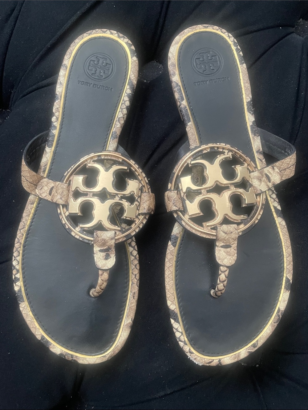 Tory Burch Metallic Snake-Print Miller Thong Sandals - Black & Gold